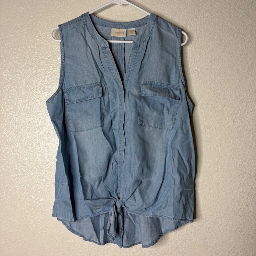 Chicos Womens Blue Lyocell Chambray Sleeveless Tie Front Top Blouse Size 2 Large